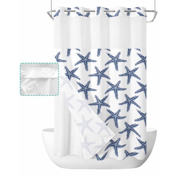 No Hook Shower Curtain with Snap in Liner, Summer Navy Starfish Texture White Hotel Shower Curtains for Bathroom, Washable Shower Curtain Liner Set with Mesh Top Window, 36"x72"