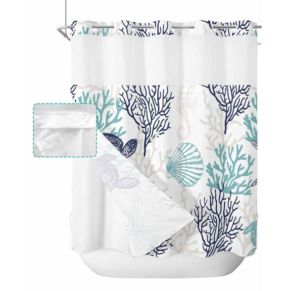 No Hook Shower Curtain with Snap in Liner, Summer Ocean Blue Coral and Turtle Hotel Shower Curtains for Bathroom, Washable Shower Curtain Liner Set with Mesh Top Window, 72”x78”