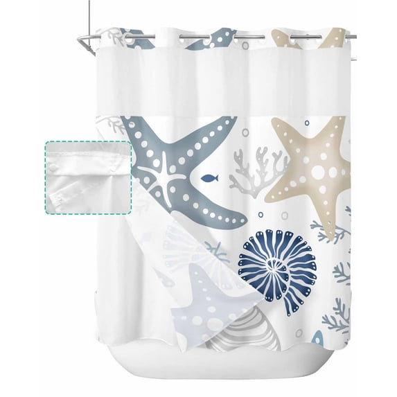 No Hook Shower Curtain with Snap in Liner, Summer Ocean Blue Khaki Coral Starfish Seashells Seaweed Shower Curtains for Bathroom, Washable Shower Curtain Liner Set with Mesh Top Window, 66"x72"