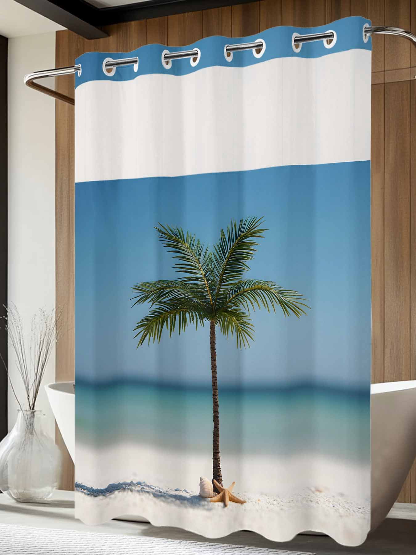 No Hook Shower Curtain with Snap in Liner, Summer Ocean Coconut Tree ...