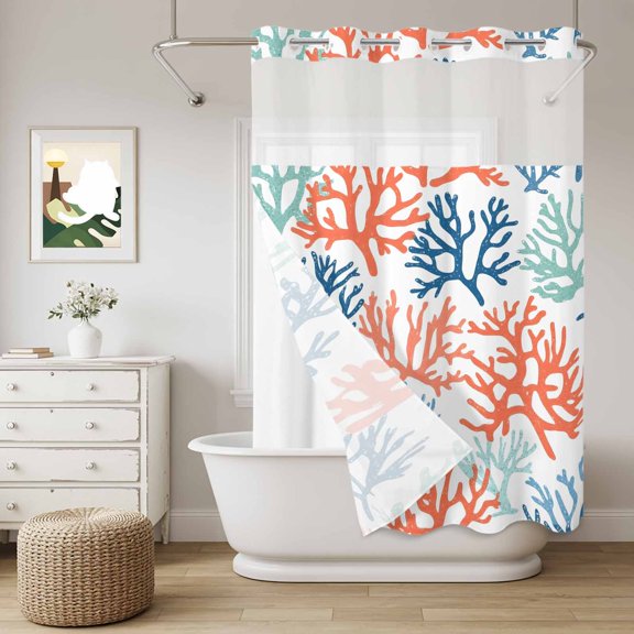 No Hook Shower Curtain with Snap in Liner, Summer Ocean Colorful Coral Watercolor Curtain Set See-Through Top Double Layers Coastal Nautical Theme Shower Curtains for Bathroom Decor, 60x72in