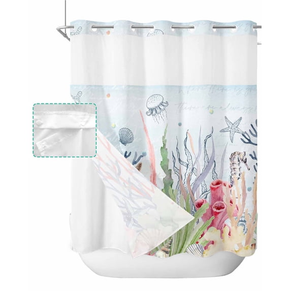 No Hook Shower Curtain with Snap in Liner, Summer Ocean Coral Seaweed Sea Turtle Hotel Shower Curtains for Bathroom, Washable Shower Curtain Liner Set with Mesh Top Window, 72”x78”