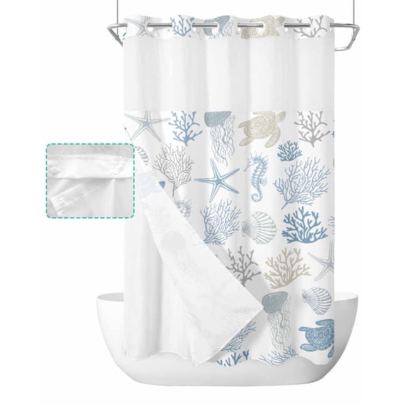No Hook Shower Curtain with Snap in Liner, Summer Ocean Creature Sea Turtle Coral and Shell Light Blue Shower Curtains for Bathroom, Washable Shower Curtain Liner Set with Mesh Top Window, 36"x78"
