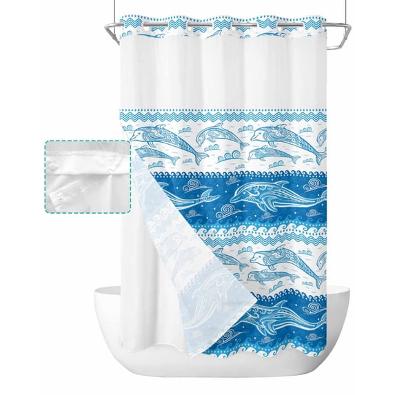 No Hook Shower Curtain with Snap in Liner, Summer Ocean Dolphin Sea Wave Blue Abstract Hotel Shower Curtains for Bathroom, Washable Shower Curtain Liner Set with Mesh Top Window, 36"x72"