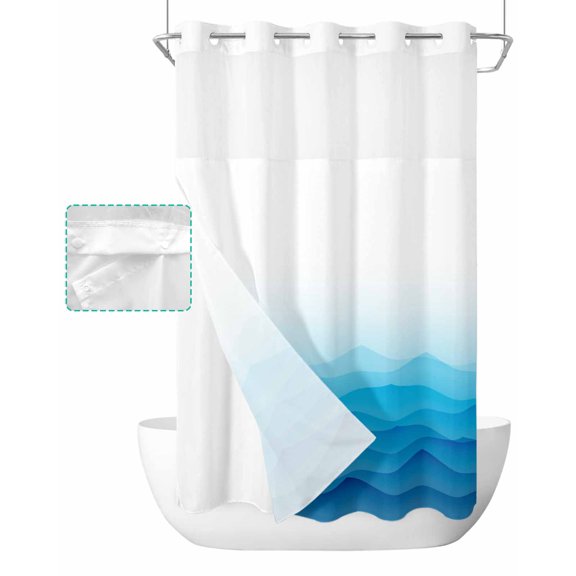 No Hook Shower Curtain with Snap in Liner, Summer Ocean Gradient Blue Waves Abstract Hotel Shower Curtains for Bathroom, Washable Shower Curtain Liner Set with Mesh Top Window, 36"x72"