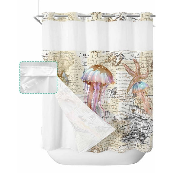 No Hook Shower Curtain with Snap in Liner, Summer Ocean Jellyfish Seashell Starfish Vintage Sailing Boat Shower Curtains for Bathroom, Washable Shower Curtain Liner Set with Mesh Top Window, 72"x72"