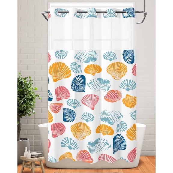 No Hook Shower Curtain with Snap in Liner,Summer Ocean Shell Colorful Waterproof Bath Curtain Double Layers with See Through Top Window,Nautical Sea Conch Seamless Hotel Shower Curtains 36x72in
