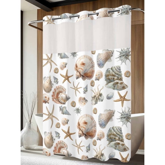 No Hook Shower Curtain with Snap in Liner, Summer Ocean Shell Starfish Waterproof Fabric Bathroom Curtain Mesh Top Window, Classic Marine Life Shower Curtains 60x72in