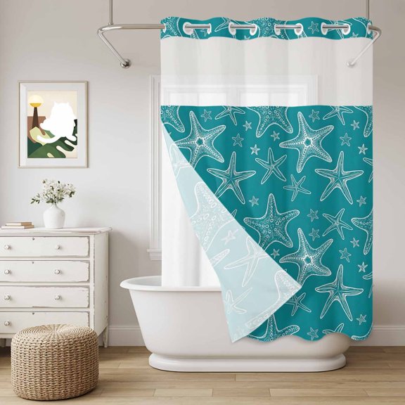 No Hook Shower Curtain with Snap in Liner, Summer Ocean Starfish Seamless Curtain Set See-Through Top Double Layers Coastal Marine Animal Theme Shower Curtains for Bathroom Decor, 60x72in