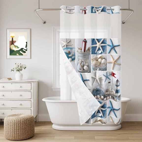 No Hook Shower Curtain with Snap in Liner, Summer Ocean Starfish Shell Conch Lighthouse Curtain Set See-Through Top Double Layers Ocean Collage Art Shower Curtains for Bathroom Decor, 36x72in