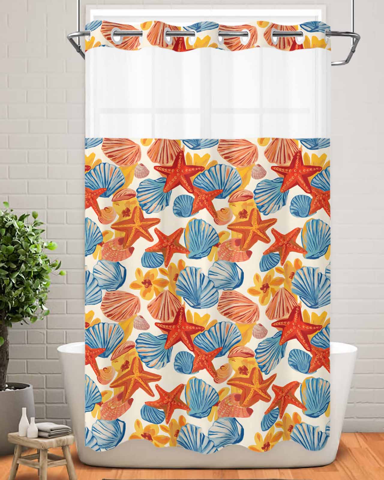No Hook Shower Curtain with Snap in Liner,Summer Ocean Starfish Shell ...