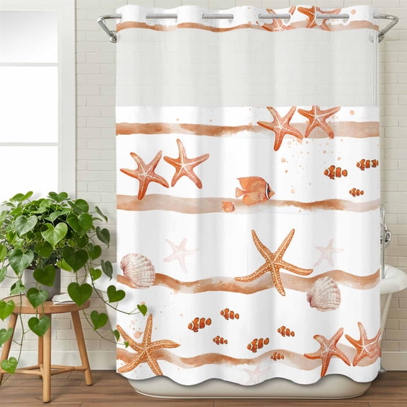 No Hook Shower Curtain with Snap in Liner, Summer Ocean Starfish Shell Waterproof Bath Curtain Double Layers with See Through Top Window, Watercolor Orange Fish Hotel Shower Curtains 48x72in