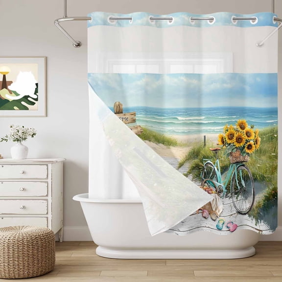 No Hook Shower Curtain with Snap in Liner, Summer Ocean Sunflower Bike Curtain Set See-Through Top Double Layers Watercolor Beach Scenery Shower Curtains for Bathroom Decor, 72x72in