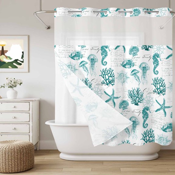 No Hook Shower Curtain with Snap in Liner, Summer Ocean Teal Starfish Shell Curtain Set See-Through Top Double Layers Vintage Nautical Coral Shower Curtains for Bathroom Decor, 72x72in