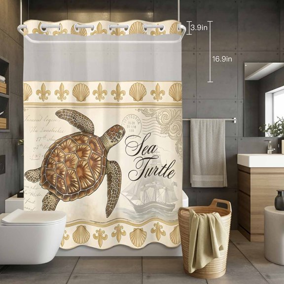 No Hook Shower Curtain with Snap in Liner, Summer Sea Turtle Shell Waterproof Fabric Bathroom Curtain Mesh Top Window, Vintage Nautical Sailboat Shower Curtains 72x84in
