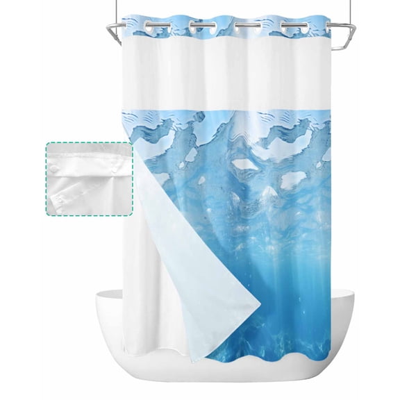 No Hook Shower Curtain with Snap in Liner, Summer Sea Water Blue Ocean Waves Hotel Shower Curtains for Bathroom, Washable Shower Curtain Liner Set with Mesh Top Window, 36"x72"
