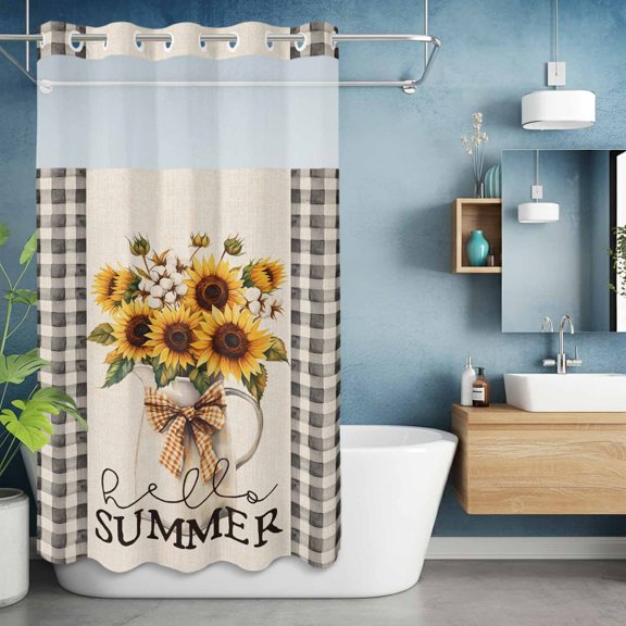 No Hook Shower Curtain with Snap in Liner, Summer Sunflowers Floral Vase Waterproof Bath Curtain Double Layers with See Through Top Window, Vintage Beige Buffalo Plaid Hotel Shower Curtains 36x72in