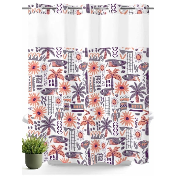 No Hook Shower Curtain with Snap in Liner,Summer Tropical Palm Tree Orange Flower Waterproof Bath Curtain Double Layers with See Through Top Window,Abstract Fish Hotel Shower Curtains 72x72in