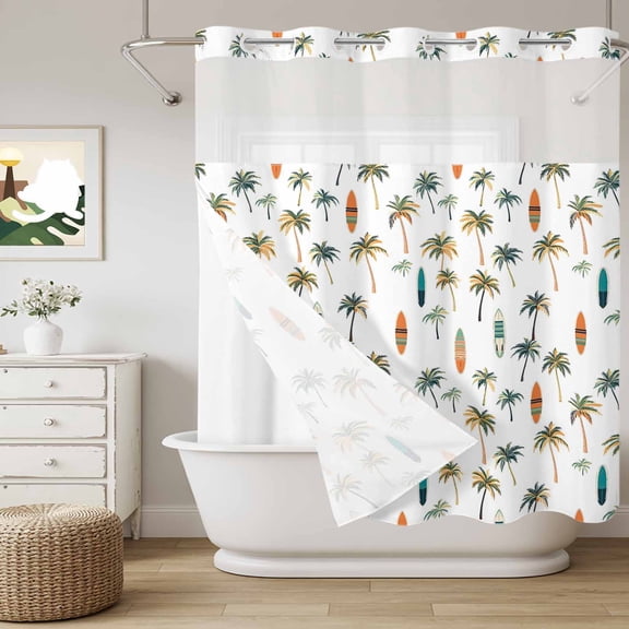 No Hook Shower Curtain with Snap in Liner, Summer Tropical Palm Tree Seamless Curtain Set See-Through Top Double Layers Surfboard on White Shower Curtains for Bathroom Decor, 72x72in