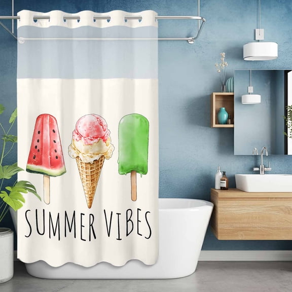 No Hook Shower Curtain with Snap in Liner, Summer Vibes Waterproof Fabric Bathroom Curtain Mesh Top Window, Watercolor Watermelon Popsicle Shower Curtains 36x72in
