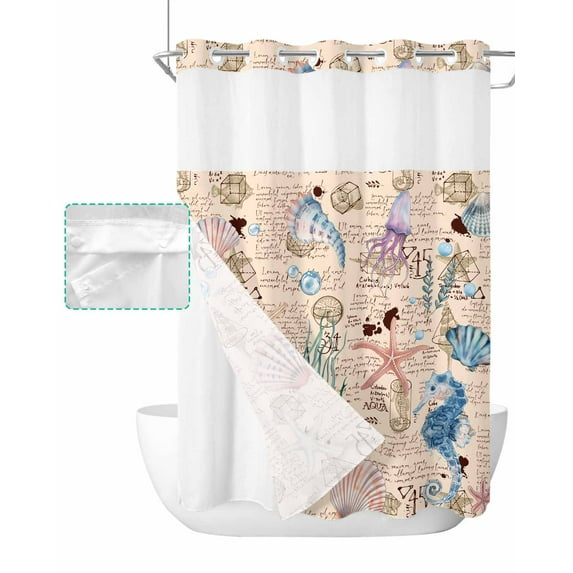 No Hook Shower Curtain with Snap in Liner, Summer Vintage Starfish Seahorse Seashell Seaweed Hotel Shower Curtains for Bathroom, Washable Shower Curtain Liner Set with Mesh Top Window, 60"x72"