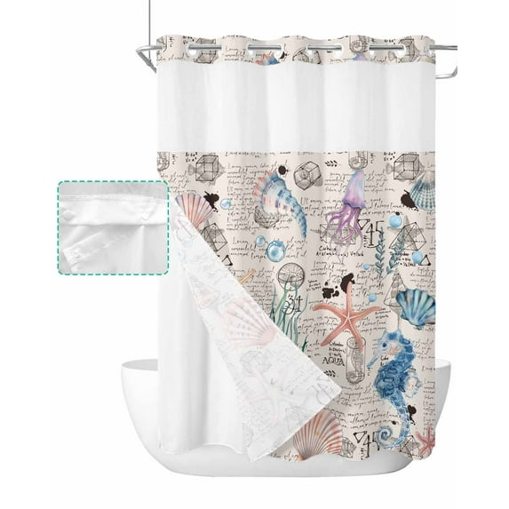 No Hook Shower Curtain with Snap in Liner, Summer Vintage Starfish Seahorse Seashell Seaweed Hotel Shower Curtains for Bathroom, Washable Shower Curtain Liner Set with Mesh Top Window, 72"x84"