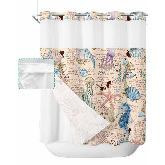 No Hook Shower Curtain with Snap in Liner, Summer Vintage Starfish Seahorse Seashell Seaweed Hotel Shower Curtains for Bathroom, Washable Shower Curtain Liner Set with Mesh Top Window, 72”x78”