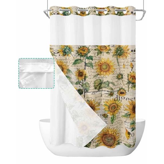 No Hook Shower Curtain with Snap in Liner, Summer Vintage Sunflowers Old Newspaper Texture Hotel Shower Curtains for Bathroom, Washable Shower Curtain Liner Set with Mesh Top Window, 36"x78"