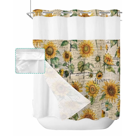 No Hook Shower Curtain with Snap in Liner, Summer Vintage Sunflowers Old Newspaper Texture Hotel Shower Curtains for Bathroom, Washable Shower Curtain Liner Set with Mesh Top Window, 66"x72"