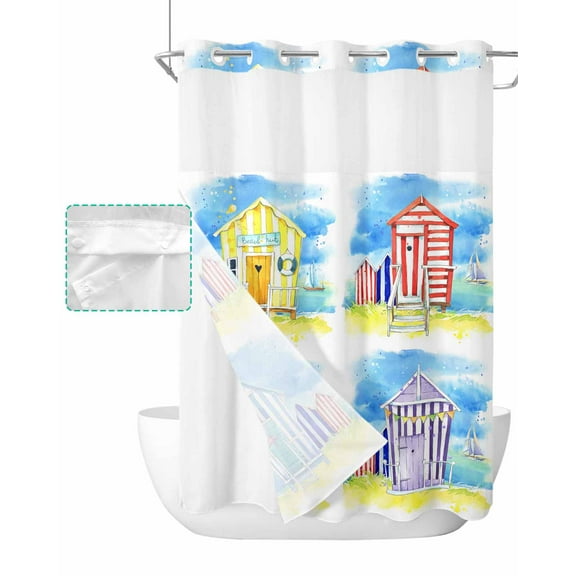 No Hook Shower Curtain with Snap in Liner, Summer Watercolor Beach Wooden House Hotel Shower Curtains for Bathroom, Washable Shower Curtain Liner Set with Mesh Top Window, 60"x72"