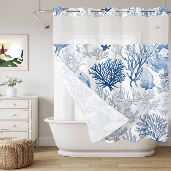 No Hook Shower Curtain with Snap in Liner, Summer Watercolor Blue Gray Coral Curtain Set See-Through Top Double Layers Marine Life Ocean Shell Shower Curtains for Bathroom Decor, 72x72in