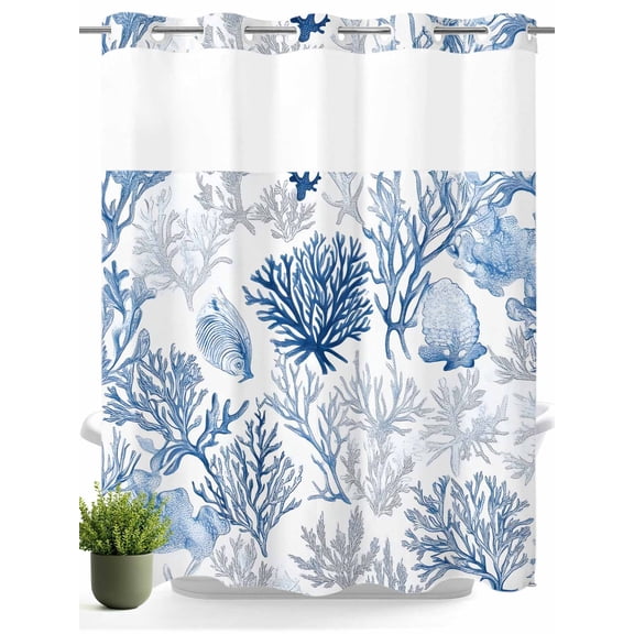 No Hook Shower Curtain with Snap in Liner,Summer Watercolor Blue Gray Coral Waterproof Bath Curtain Double Layers with See Through Top Window,Marine Life Ocean Shell Hotel Shower Curtains 72x72in