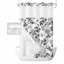 No Hook Shower Curtain with Snap in Liner, Summer Watercolor Gray Flowers White Hotel Shower Curtains for Bathroom, Washable Shower Curtain Liner Set with Mesh Top Window, 54"x78"