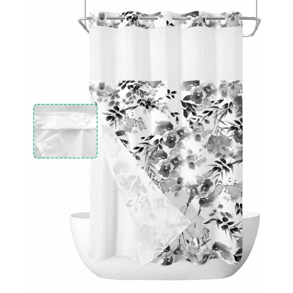 No Hook Shower Curtain with Snap in Liner, Summer Watercolor Gray Flowers White Hotel Shower Curtains for Bathroom, Washable Shower Curtain Liner Set with Mesh Top Window, 54"x78"
