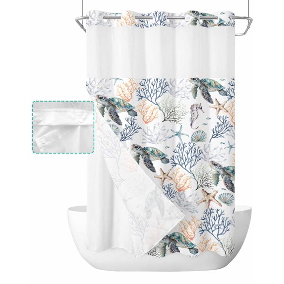 No Hook Shower Curtain with Snap in Liner, Summer Watercolor Ocean Blue Coral Sea Turtle Hotel Shower Curtains for Bathroom, Washable Shower Curtain Liner Set with Mesh Top Window, 36"x72"