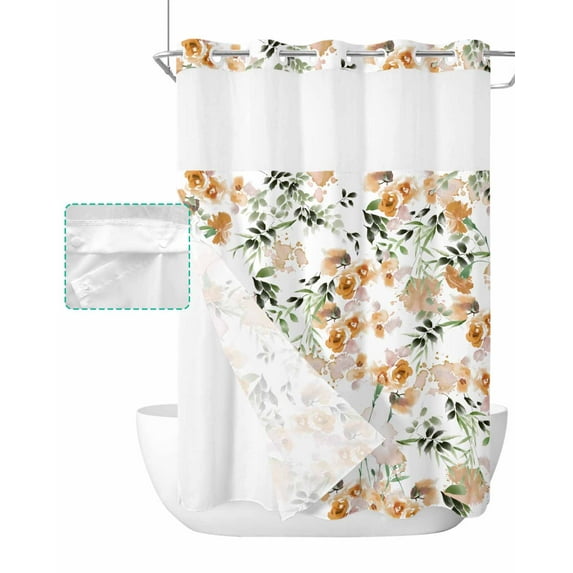 No Hook Shower Curtain with Snap in Liner, Summer Watercolor Orange Flowers White Hotel Shower Curtains for Bathroom, Washable Shower Curtain Liner Set with Mesh Top Window, 72"x84"