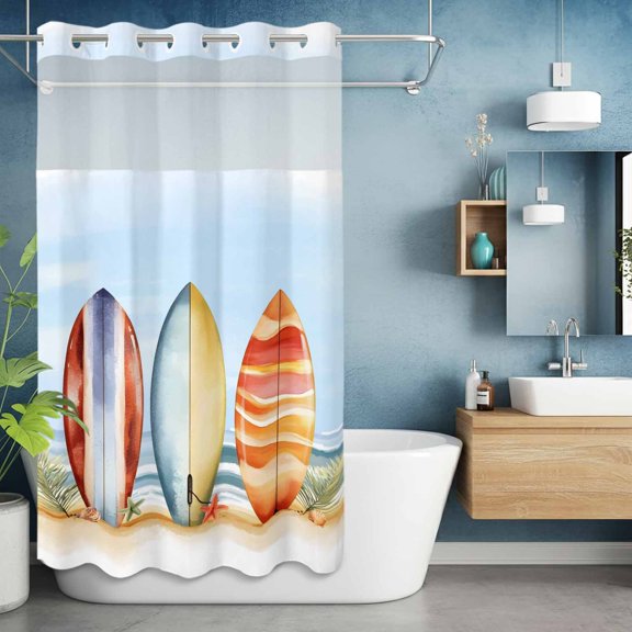 No Hook Shower Curtain with Snap in Liner, Summer Watercolor Striped Surfboard Waterproof Bath Curtain Double Layers with See Through Top Window, Ocean Beach Starfish Shell Shower Curtains 36x72in