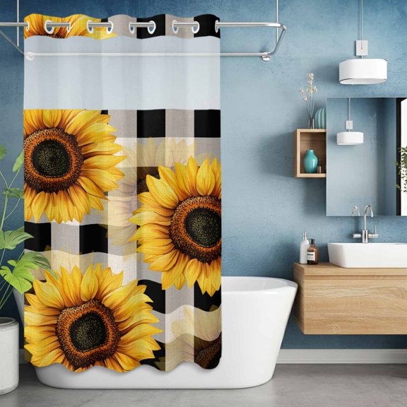 No Hook Shower Curtain with Snap in Liner, Summer Watercolor Sunflower Still Life Waterproof Bath Curtain Double Layers with See Through Top Window, Black Gingham Check Hotel Shower Curtains 36x72in