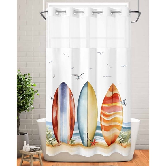 No Hook Shower Curtain with Snap in Liner,Summer Watercolor Surfboard Waterproof Bath Curtain Double Layers with See Through Top Window,Seagull Beach Ocean Theme Hotel Shower Curtains 36x72in