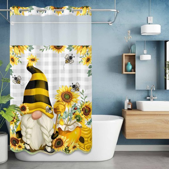 No Hook Shower Curtain with Snap in Liner, Sunflower Gnome Leaves Watercolor Waterproof Bath Curtain Double Layers with See Through Top Window, Grey Buffalo Plaid Hotel Shower Curtains 36x72in