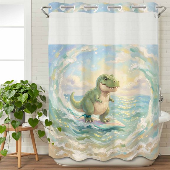 No Hook Shower Curtain with Snap in Liner, Surfing Dinosaur Beach Art Waterproof Bath Curtain Double Layers with See Through Top Window, Watercolor Sunset Beach Hotel Shower Curtains 48x72in