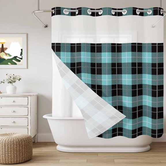 No Hook Shower Curtain with Snap in Liner, Tartan Plaid Buffalo Grid Pattern Curtain Set See-Through Top Double Layers Teal and Black Shower Curtains for Bathroom Decor, 72x72in