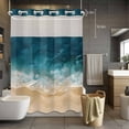 thumbnail image 1 of No Hook Shower Curtain with Snap in Liner, Teal Blue Coastal Ocean Beach Theme Waterproof Fabric Bathroom Curtain Mesh Top Window, Wave Coastal Sandbeach Shower Curtains 72x84in, 1 of 9