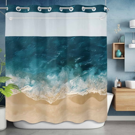No Hook Shower Curtain with Snap in Liner, Teal Blue Coastal Ocean Beach Theme Waterproof Fabric Bathroom Curtain Mesh Top Window, Wave Coastal Sandbeach Shower Curtains 72x72in