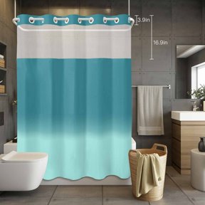 No Hook Shower Curtain with Snap in Liner, Teal Gradient Watercolor Waterproof Fabric Bathroom Curtain Mesh Top Window, Turquoise Shadow Shower Curtains 72x84in
