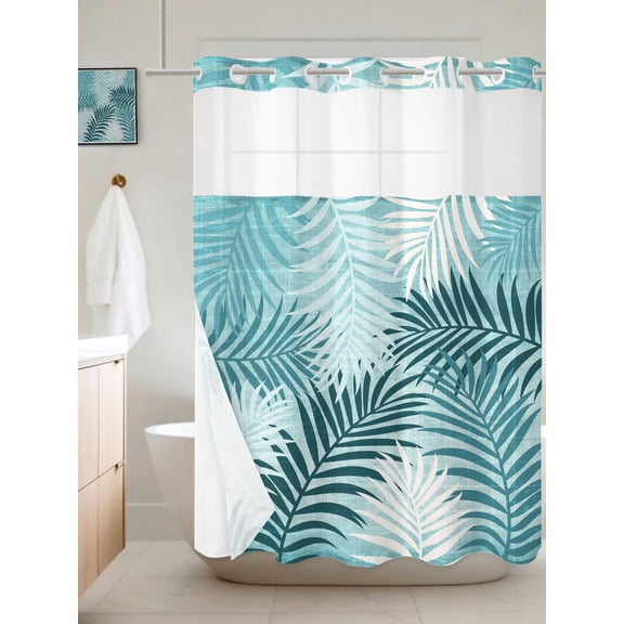 No Hook Shower Curtain with Snap in Liner, Teal Palm Leaf Waterproof Fabric Bathroom Curtain Mesh Top Window, Tropical Island Leaves Shower Curtains 60x72in