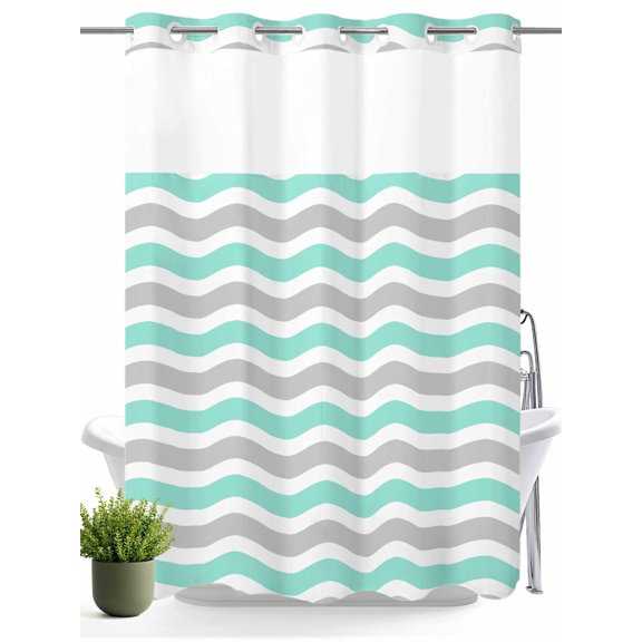 No Hook Shower Curtain with Snap in Liner,Teal Water Ripple Gray Line Waterproof Bath Curtain Double Layers with See Through Top Window,Abstract Geometric Minimalist Style Shower Curtains 60x72in