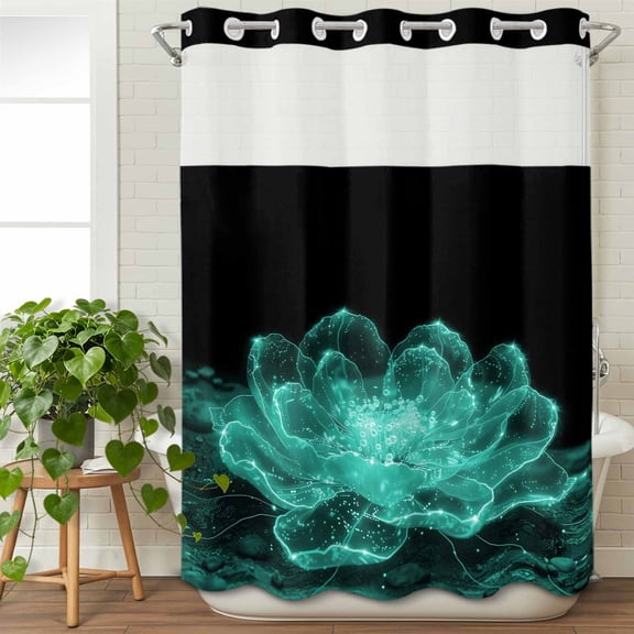 No Hook Shower Curtain with Snap in Liner, Teal Watercolor Transparent Flower Waterproof Bath Curtain Double Layers with See Through Top Window, Blooms Floral on Black Hotel Shower Curtains 48x72in