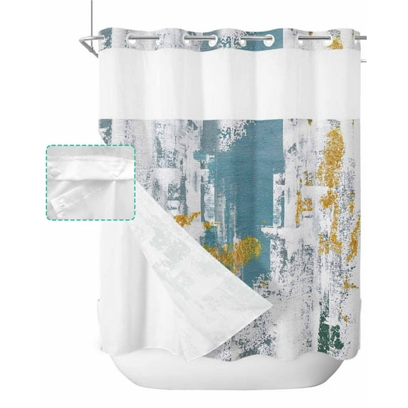 No Hook Shower Curtain with Snap in Liner, Teal White Grey with Gold Abstract Art Hotel Shower Curtains for Bathroom, Washable Shower Curtain Liner Set with Mesh Top Window, 72"x72"