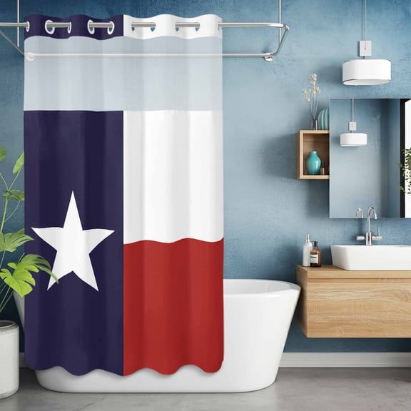 No Hook Shower Curtain with Snap in Liner, Texas Star Flag Waterproof Fabric Bathroom Curtain Mesh Top Window, Star and White Red Stripe Shower Curtains 36x72in